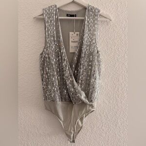 Zara Silver Sequin Wrap Bodysuit|Party Glam Statement Top